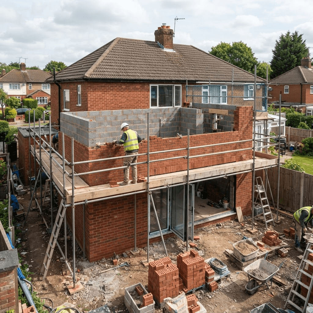Single-storey red brick house extension under construction with new brickwork courses