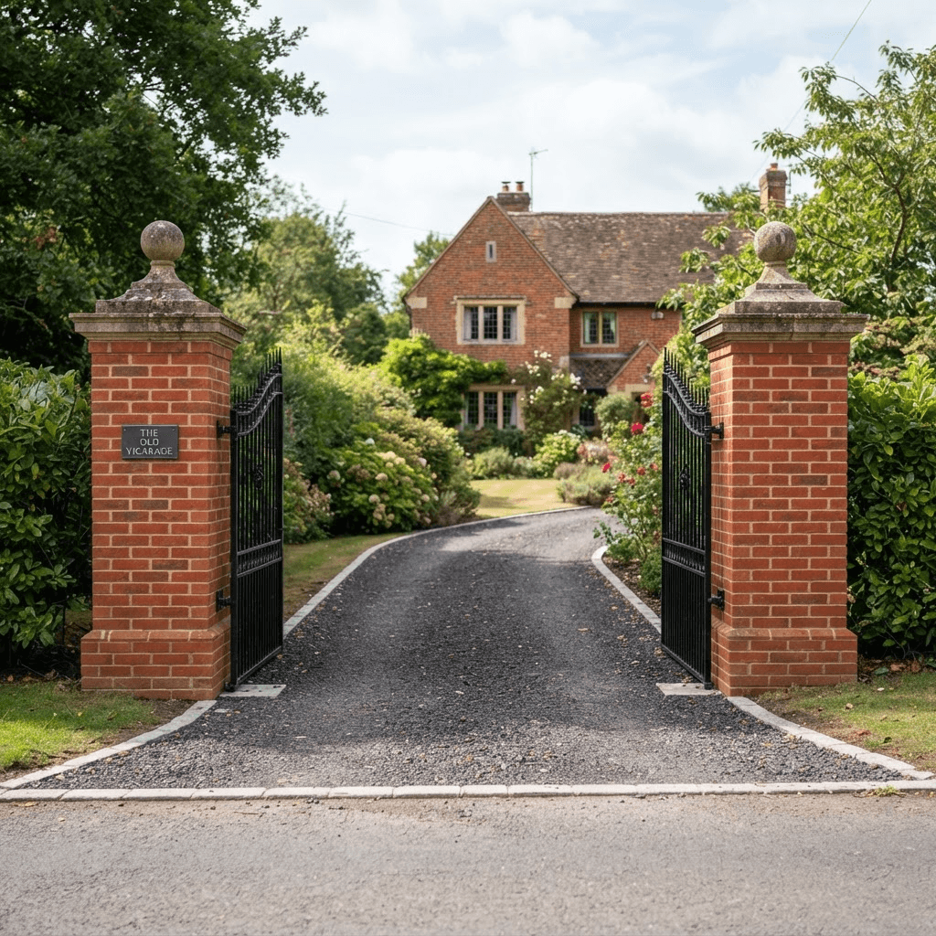 Newly built red brick entrance pillars with stone caps at a driveway