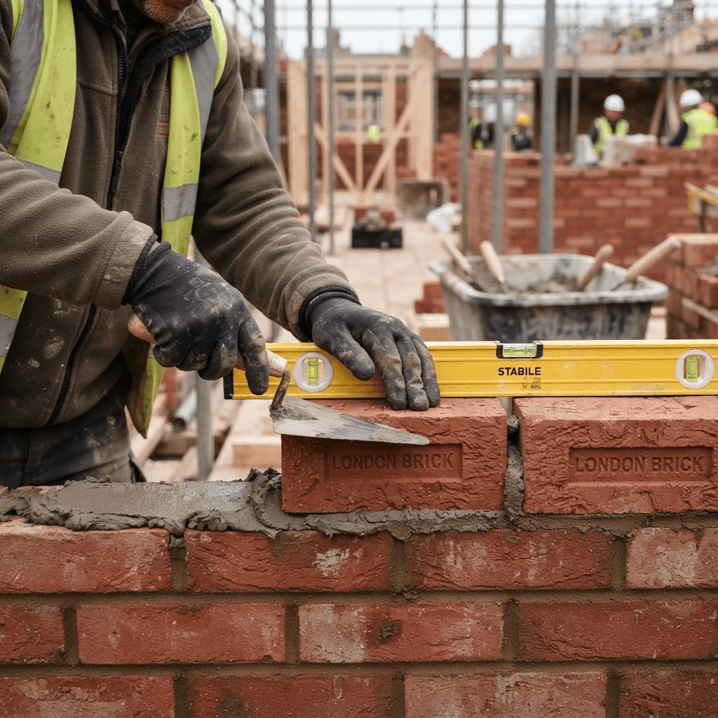 Bricklayer laying a course of red bricks with a trowel and spirit level
