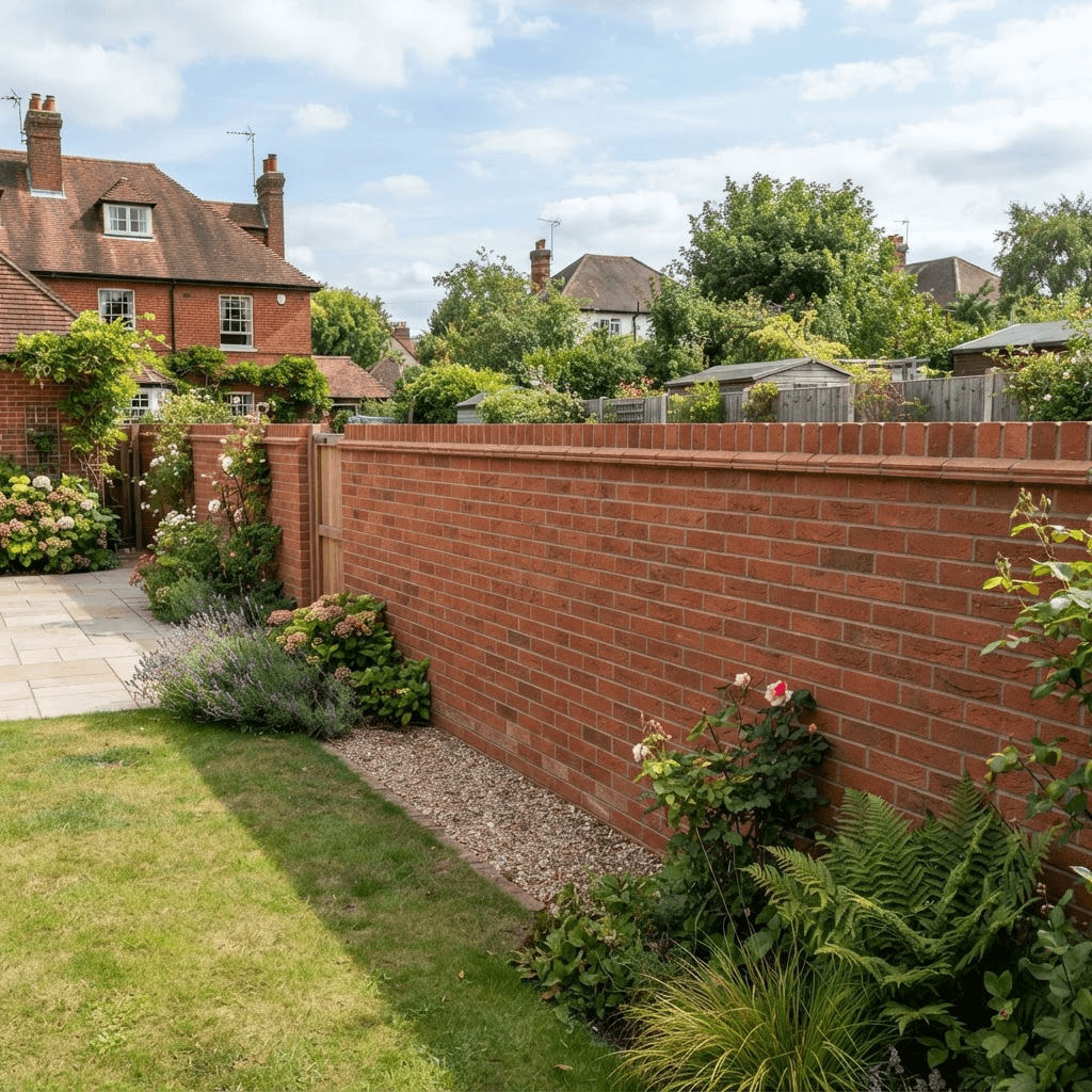 Newly built red brick garden boundary wall with neat mortar joints and brick coping