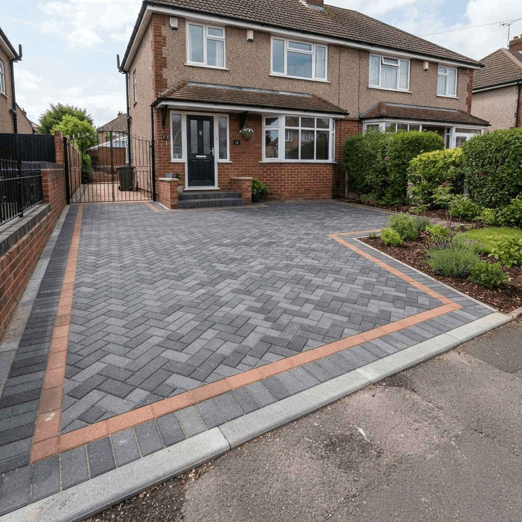 Newly laid block paving driveway in a herringbone pattern with a contrasting border