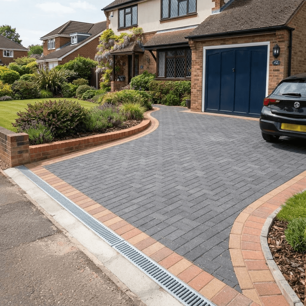 Completed block paving driveway with decorative border, drainage channel and brick edging