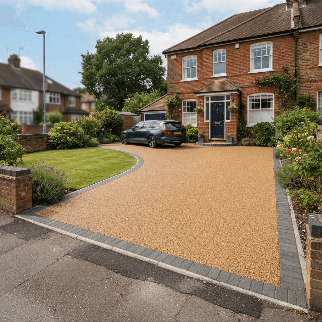 Resin bound gravel driveway with a smooth seamless golden-brown surface