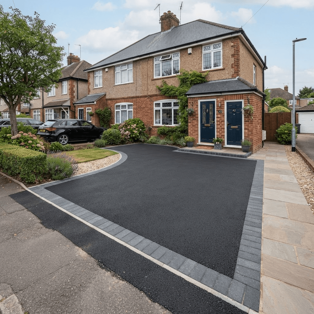 Freshly laid smooth black tarmac driveway with a block paving border