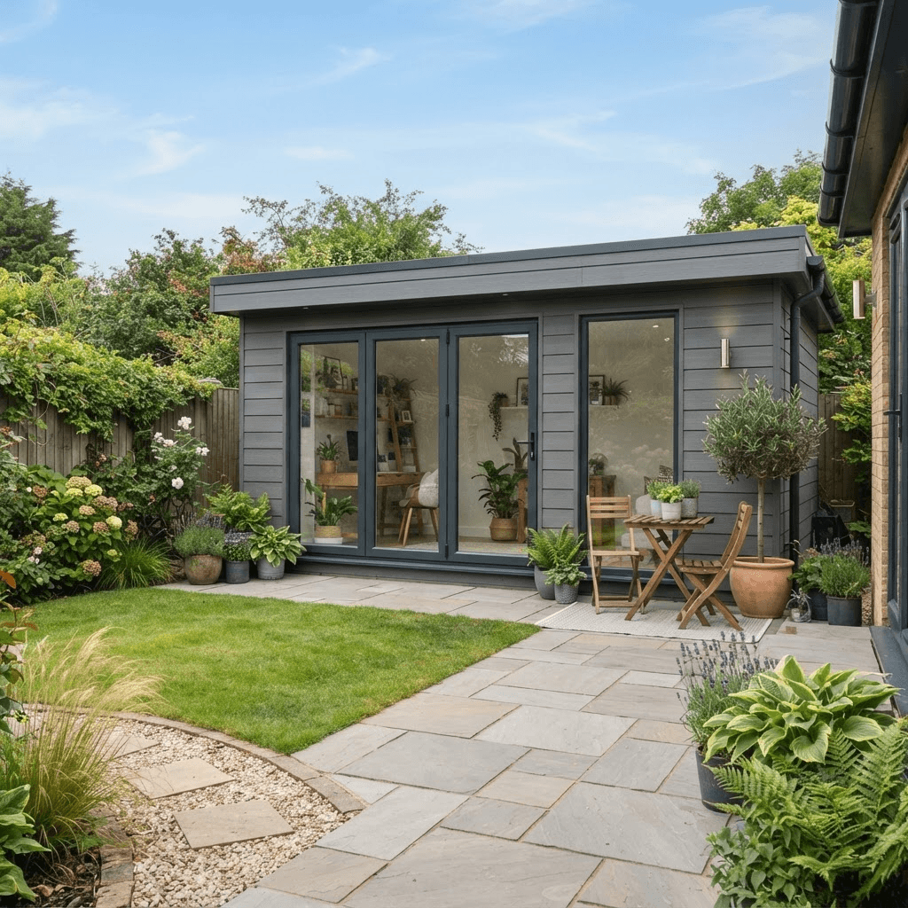 Contemporary garden room with grey composite cladding and anthracite window frames
