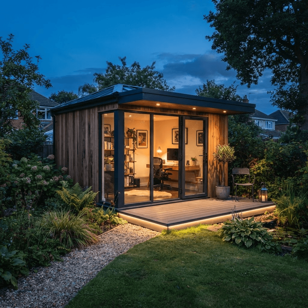 Garden office studio at dusk with warm interior lighting glowing through glass doors