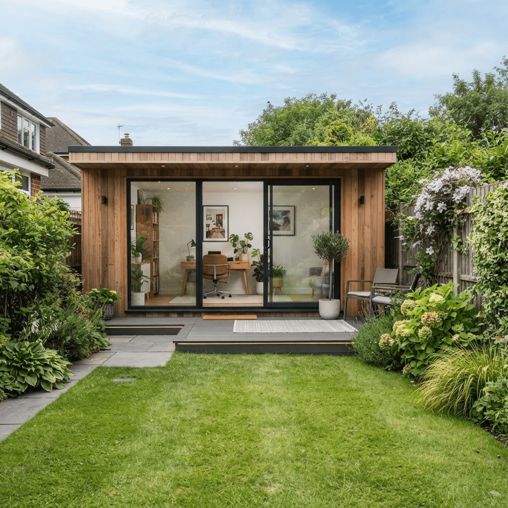 Modern garden office studio with cedar timber cladding and large glass sliding doors