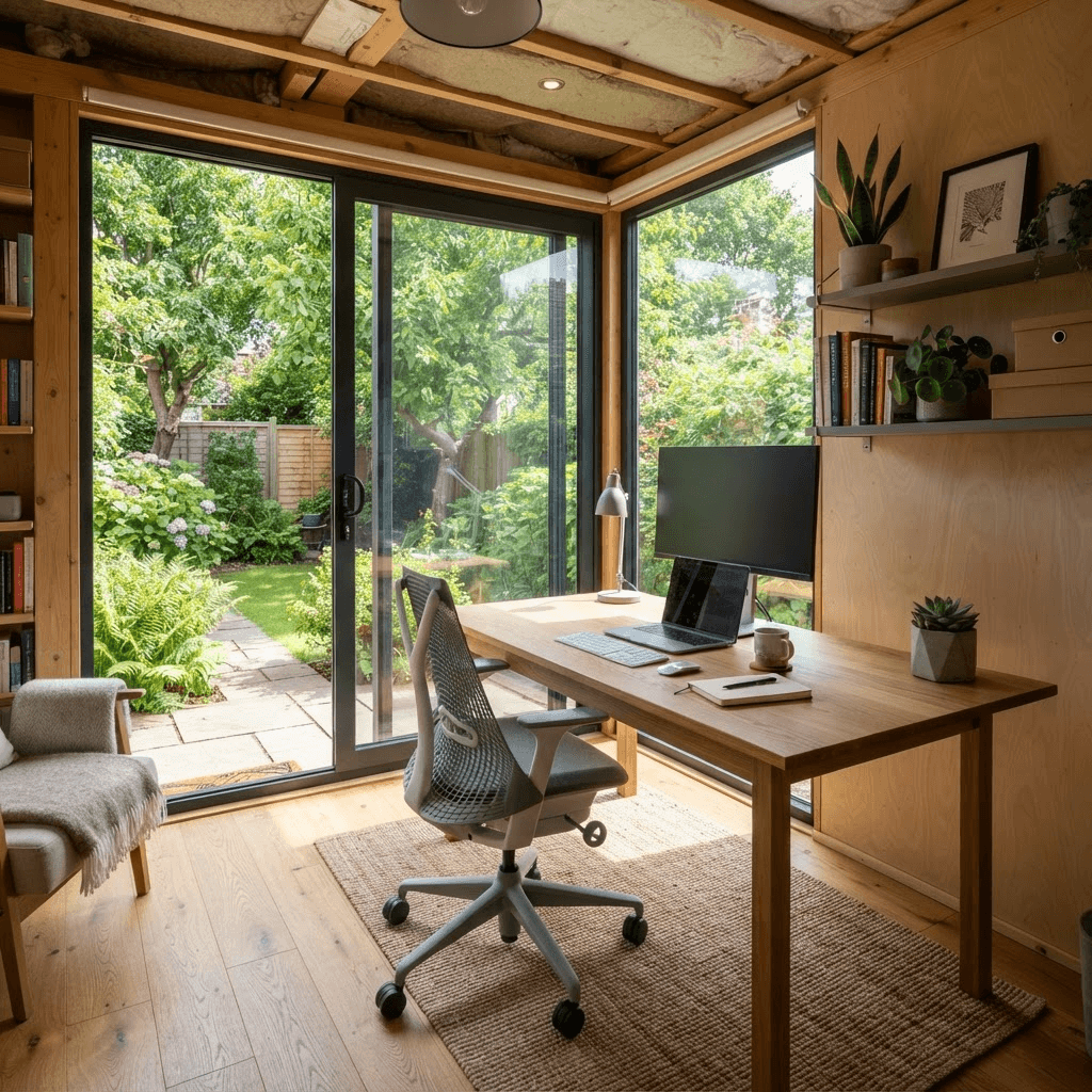 Bright interior of a garden office studio with a desk and glass doors onto the garden
