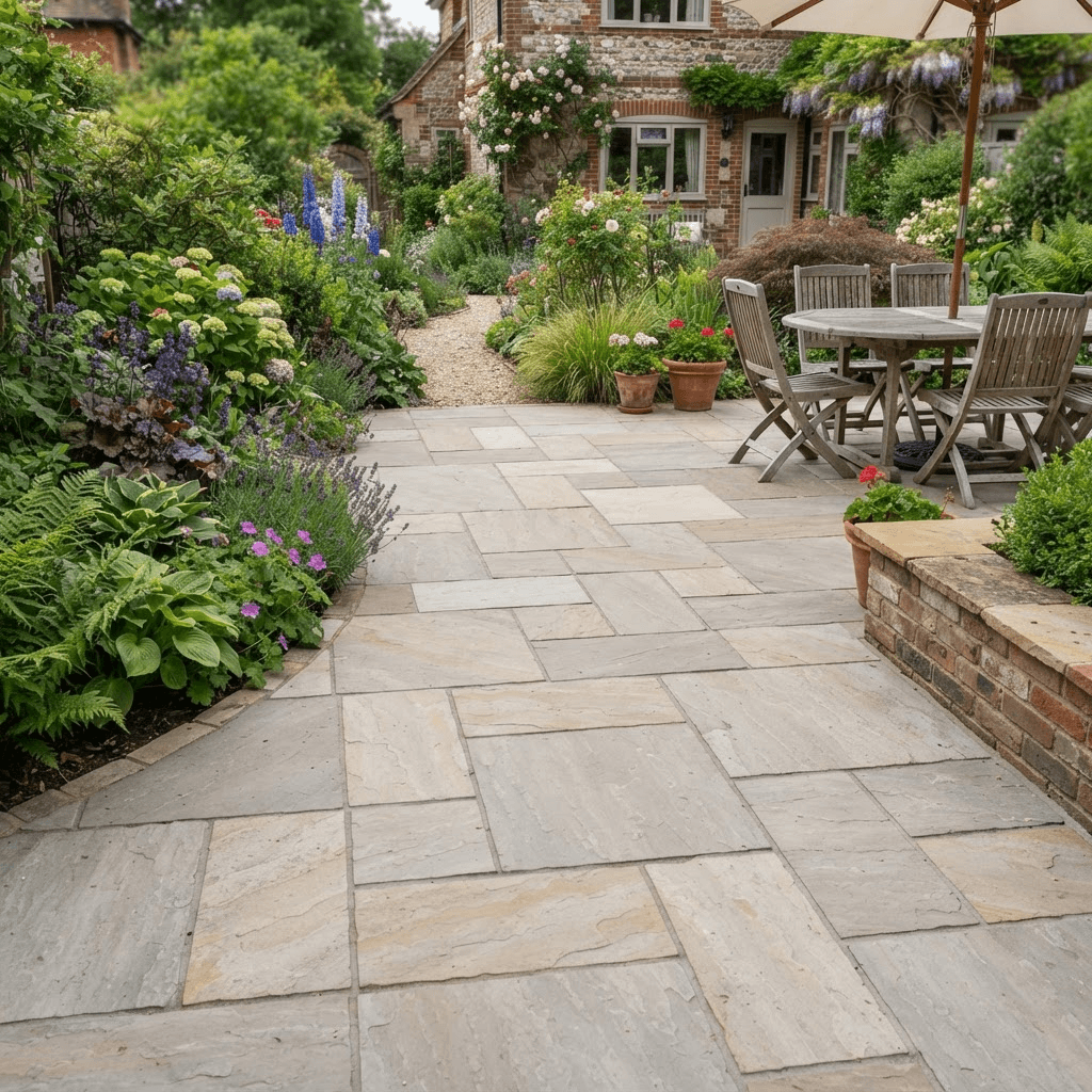 Kandla grey Indian sandstone patio with natural riven texture and planted borders