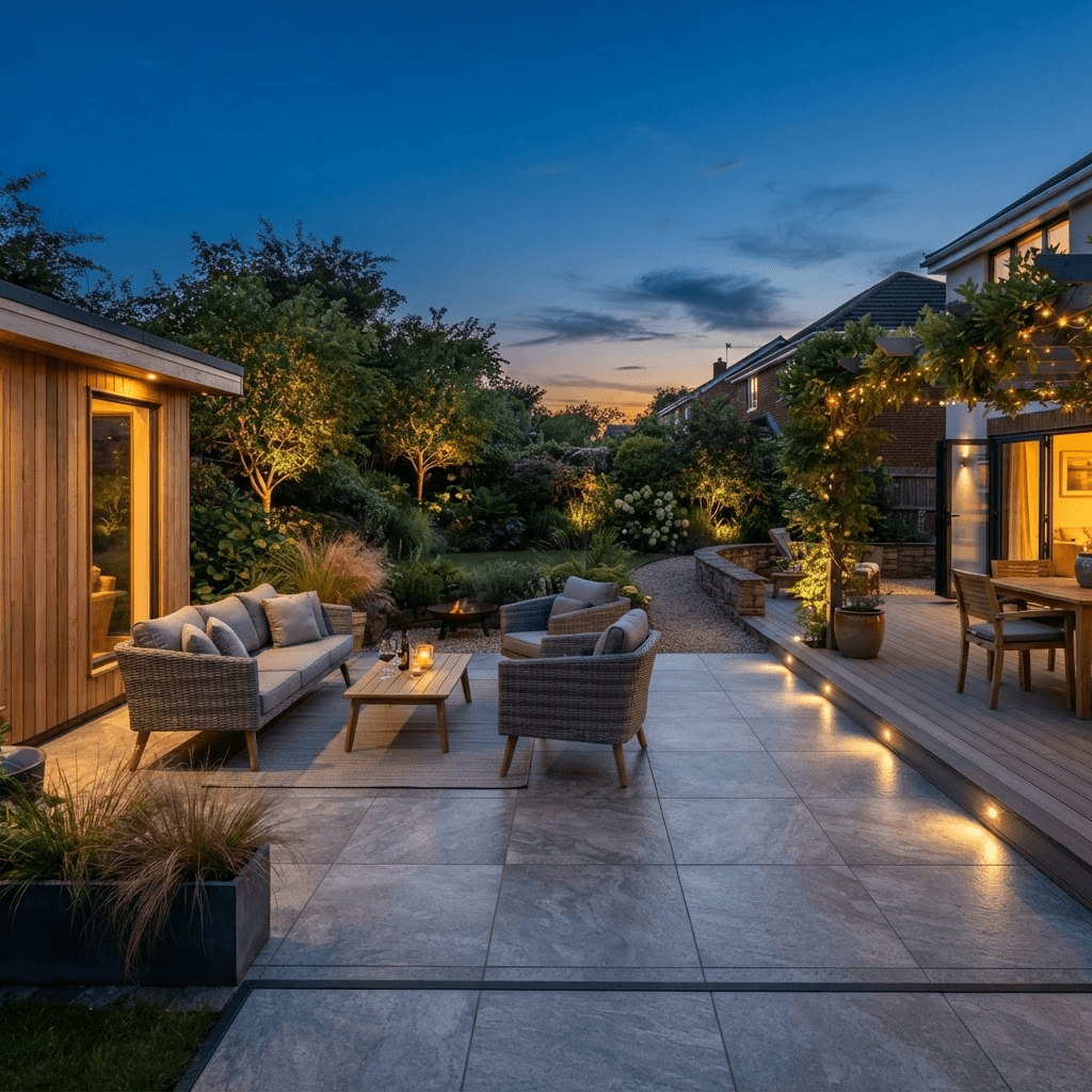 Smart paved patio at dusk with recessed ground lighting and a seating area