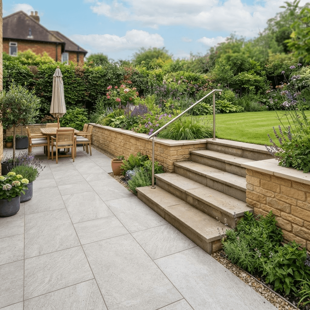 Paved patio with stone steps and a low retaining wall in a landscaped garden