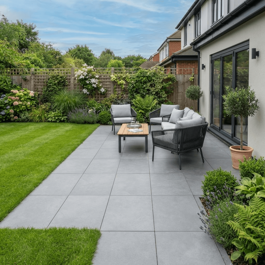 Modern grey porcelain paved patio with large-format slabs in a landscaped UK garden