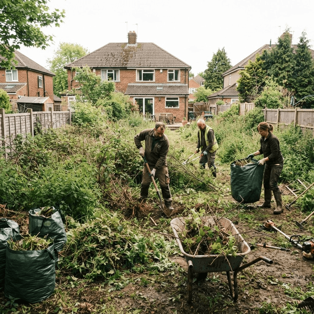 Overgrown UK back garden being cleared of brambles and vegetation by a landscaping team