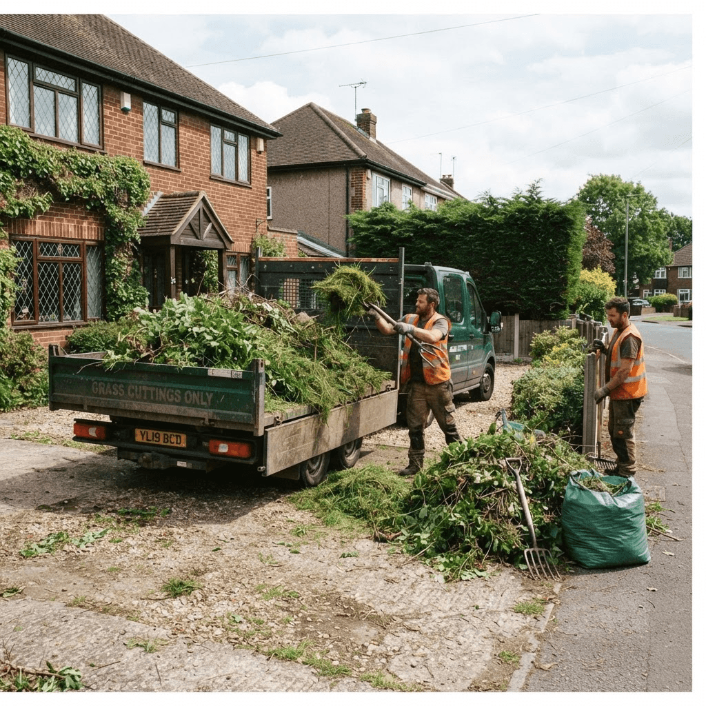 Green garden waste being loaded into a tipper truck for removal