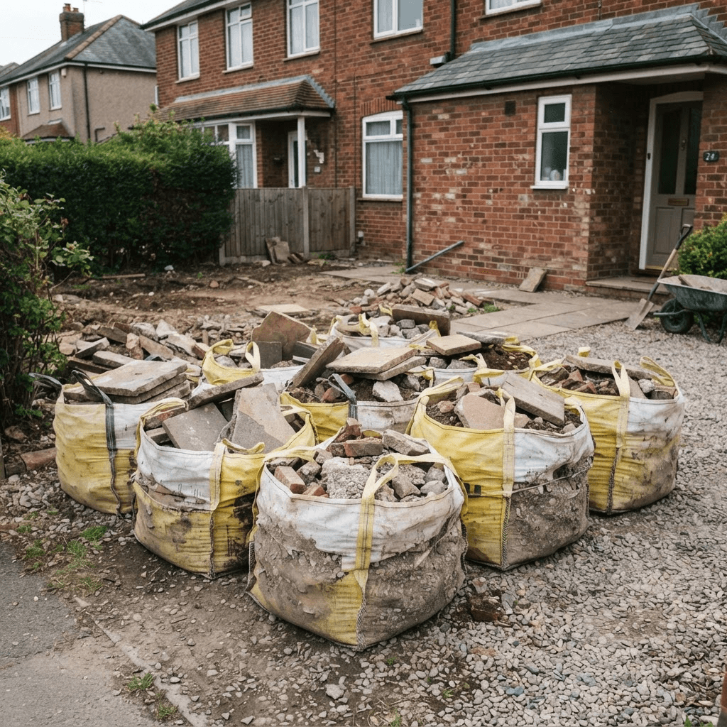 Builders rubble and soil bagged up ready for removal without a skip