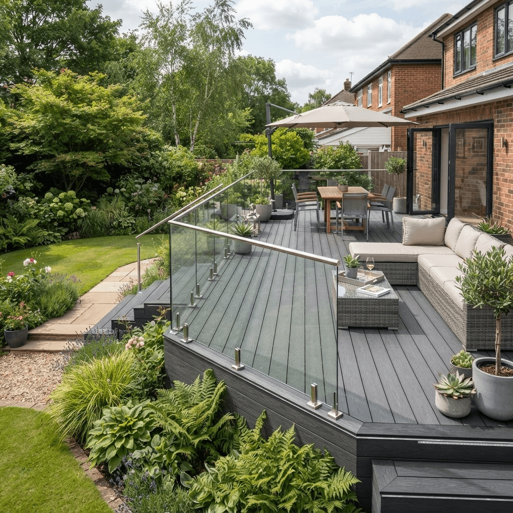 Modern grey composite decking area with outdoor furniture and glass balustrade