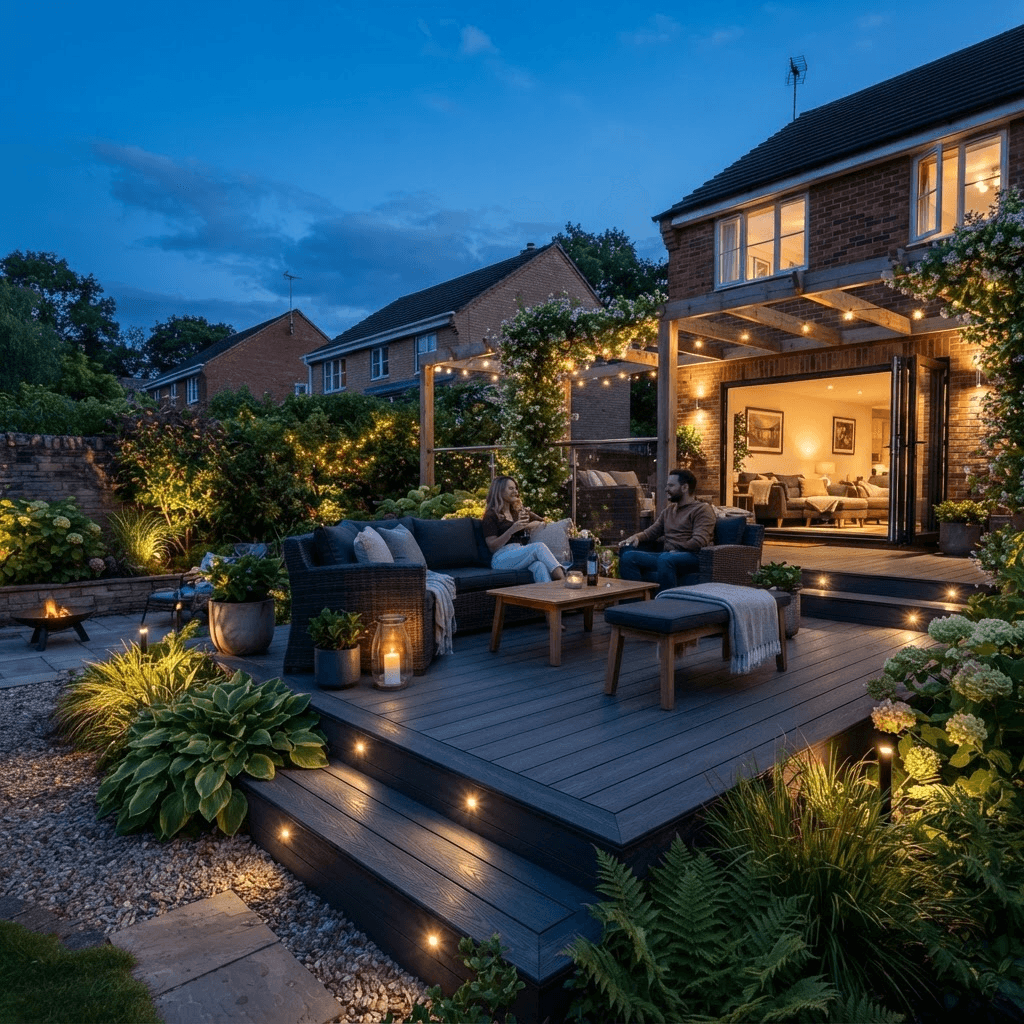 Composite deck at dusk with recessed deck lighting and warm garden lights