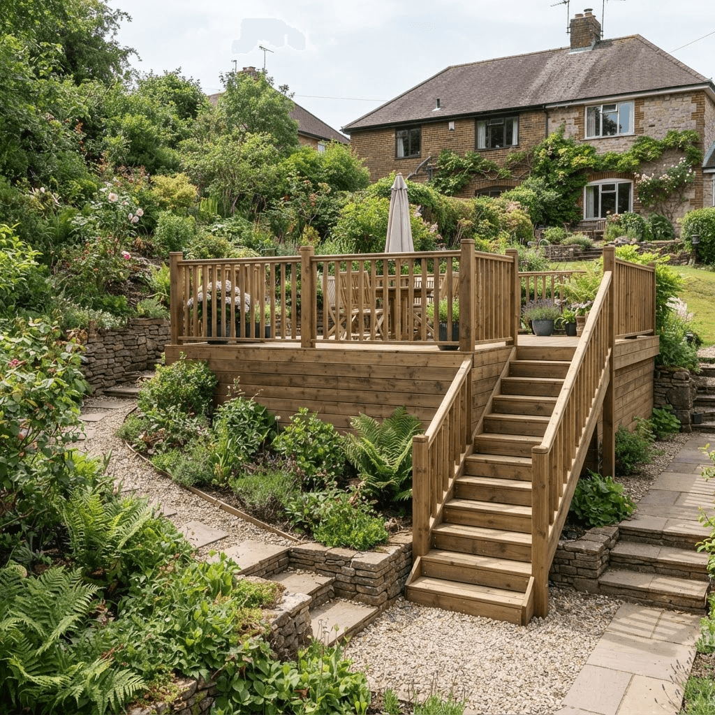 Raised timber deck with balustrade and steps in a sloping garden