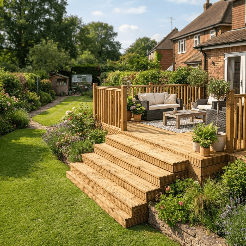 Natural timber softwood deck with steps down to a lawn