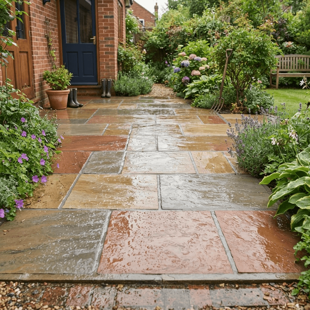 Freshly pressure washed paved patio with restored colour