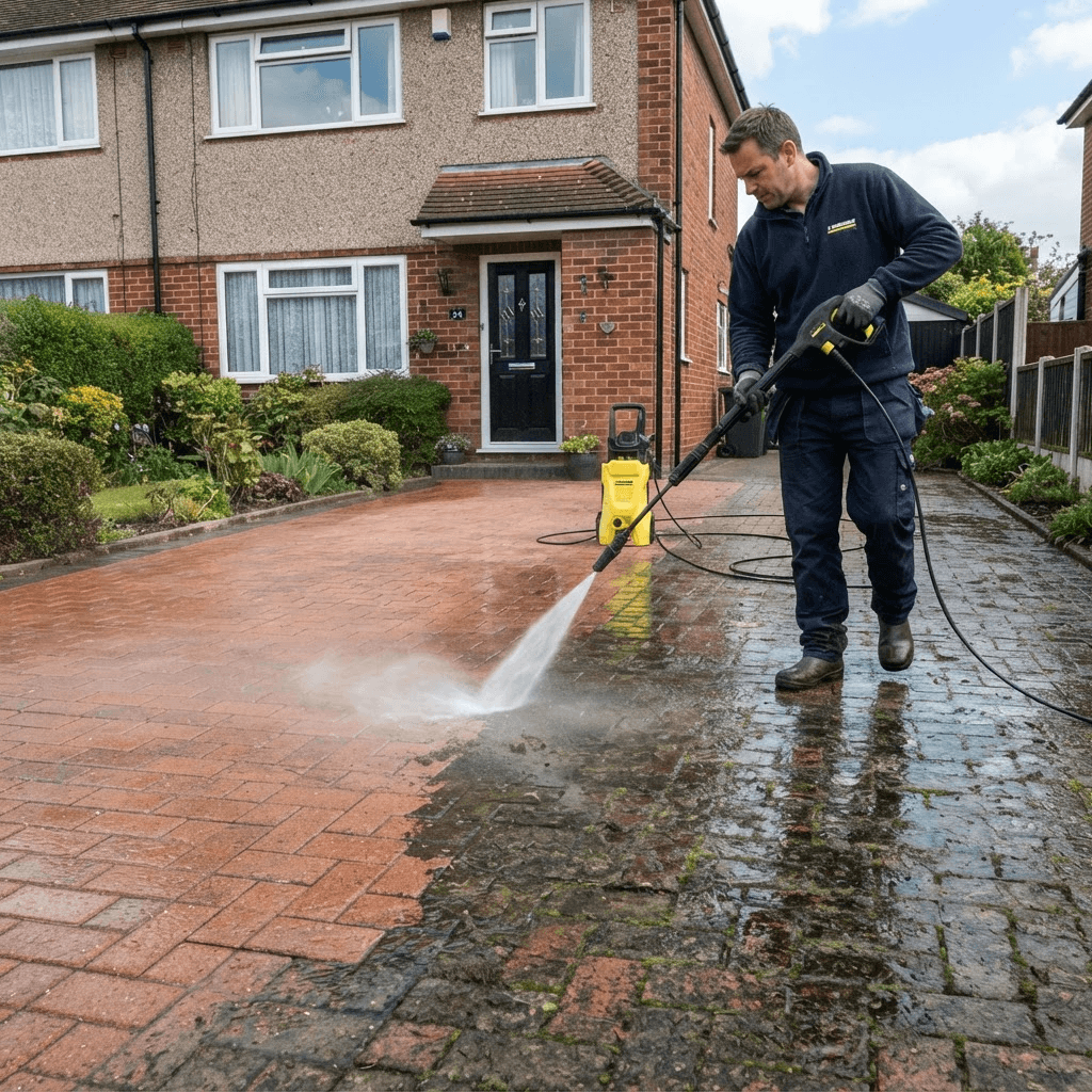 Pressure washing a block paving driveway showing clean pavers next to dirty area