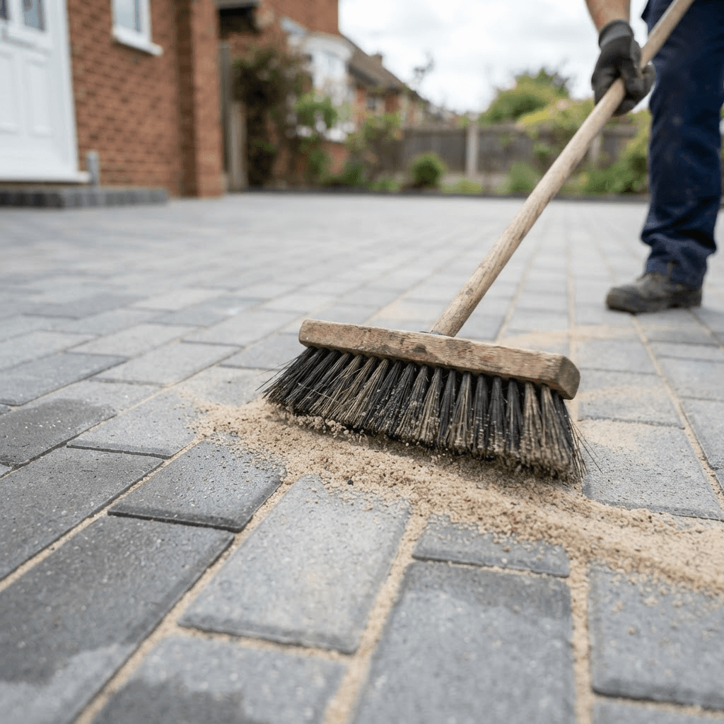 Kiln dried sand being brushed into the joints of a clean block paving driveway