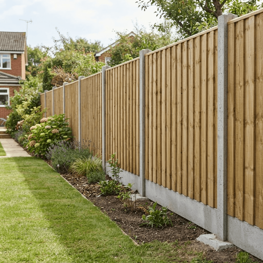Newly installed closeboard feather edge timber fence with concrete posts and gravel boards