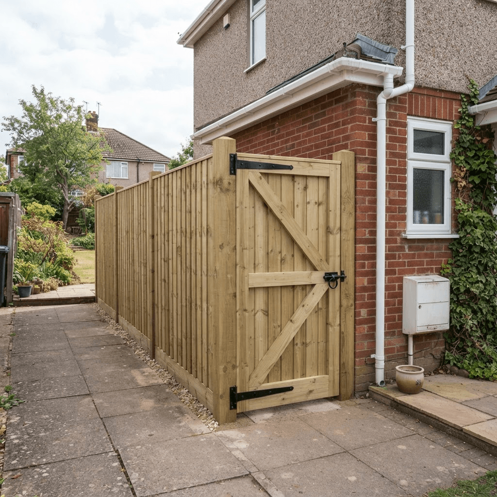 Matching timber side gate set into a new closeboard fence at the side of a house