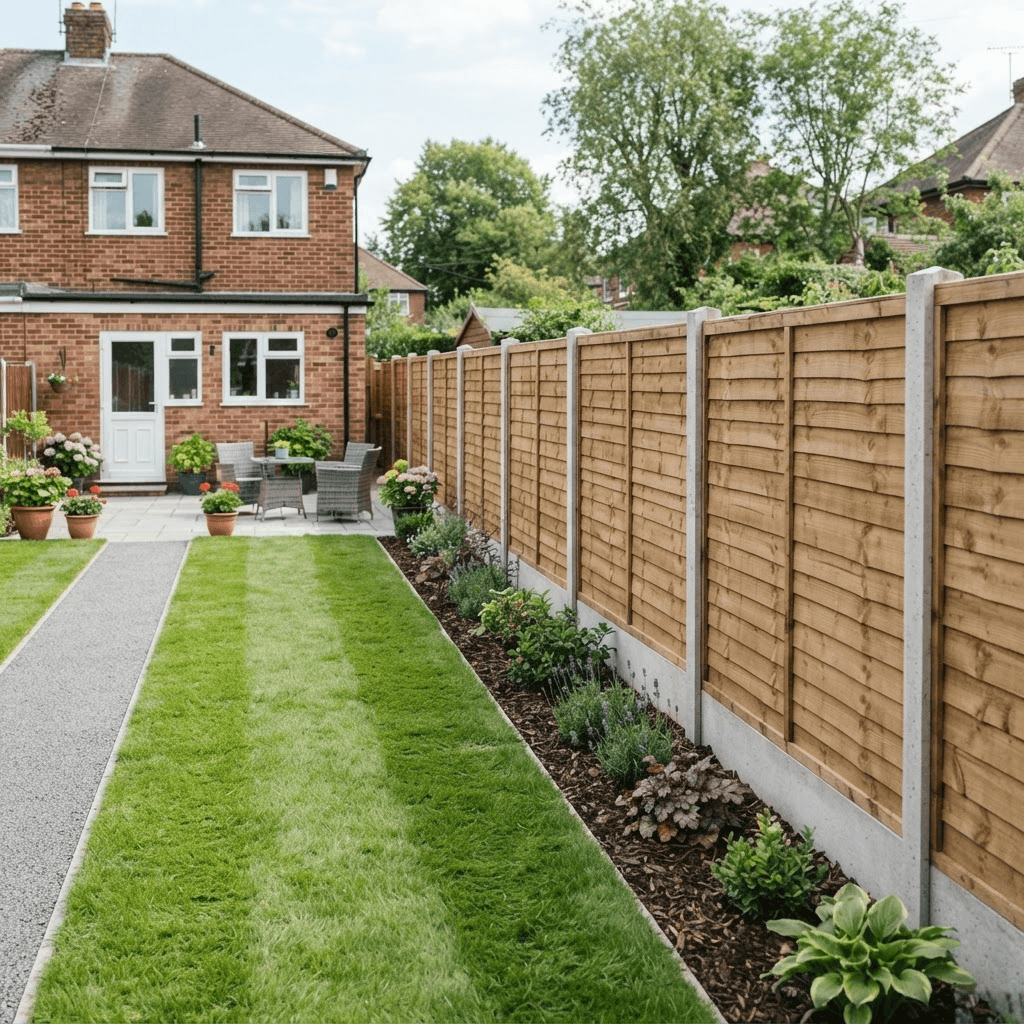 Newly fitted overlap timber fence panels with concrete posts in a back garden