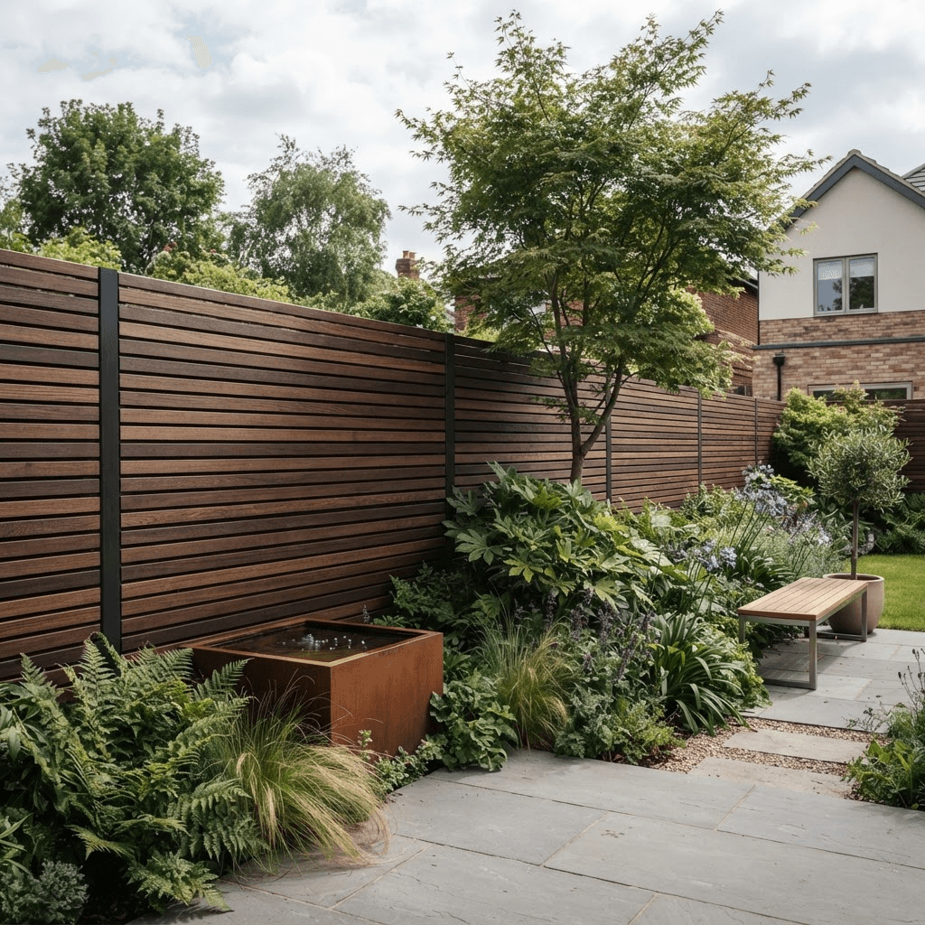 Modern horizontal slatted timber fence with dark hardwood battens in a contemporary garden