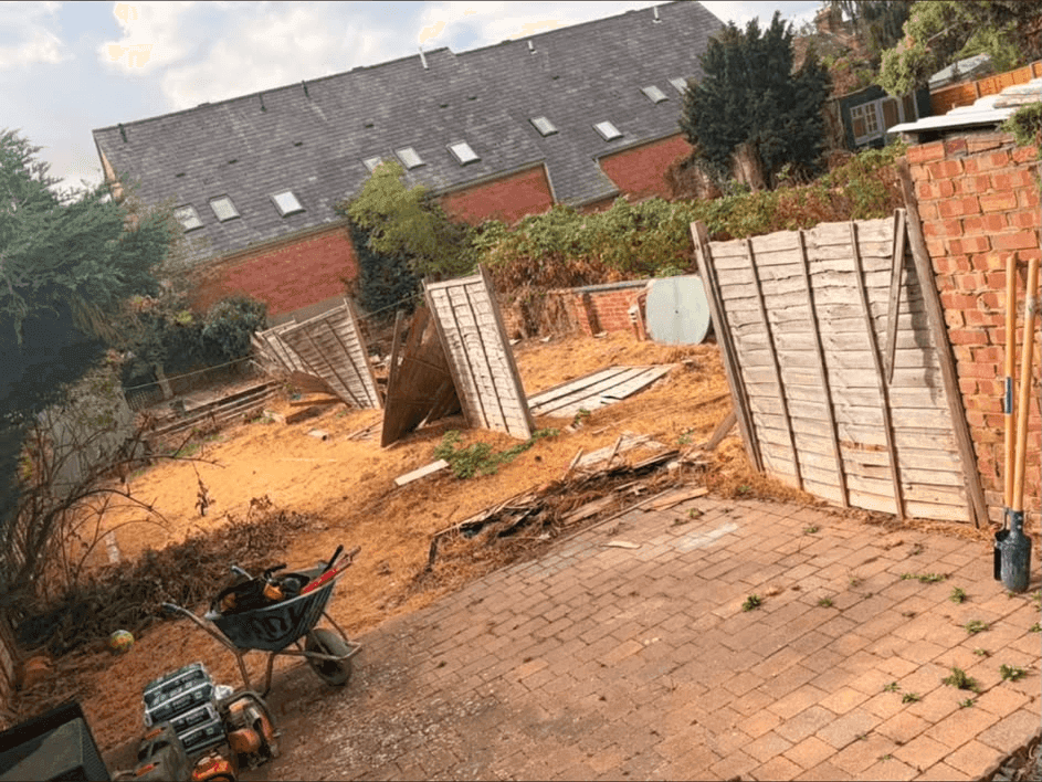 Overgrown garden mid-clearance with collapsed old fence panels and cleared ground