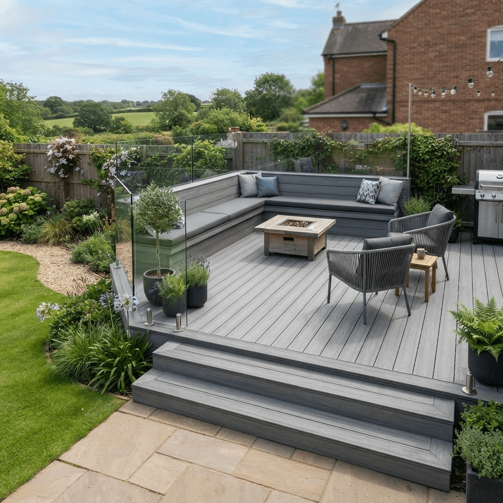 Modern grey composite decking area with built-in bench seating and glass balustrade