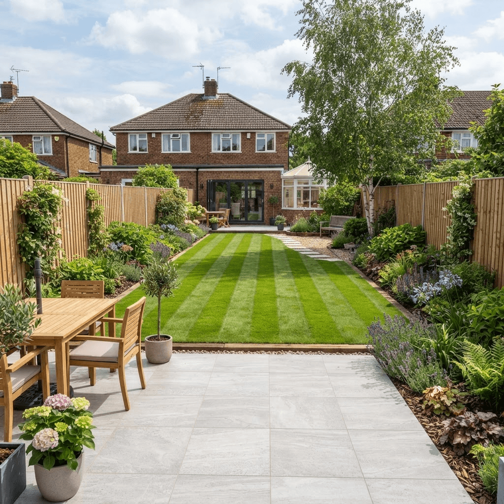 Fully landscaped garden transformation with striped lawn, porcelain patio and planted borders