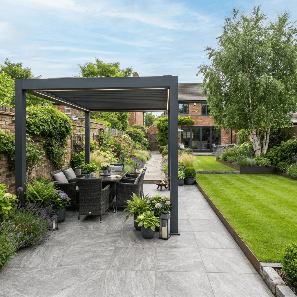 Landscaped garden with a modern aluminium pergola over a paved seating area