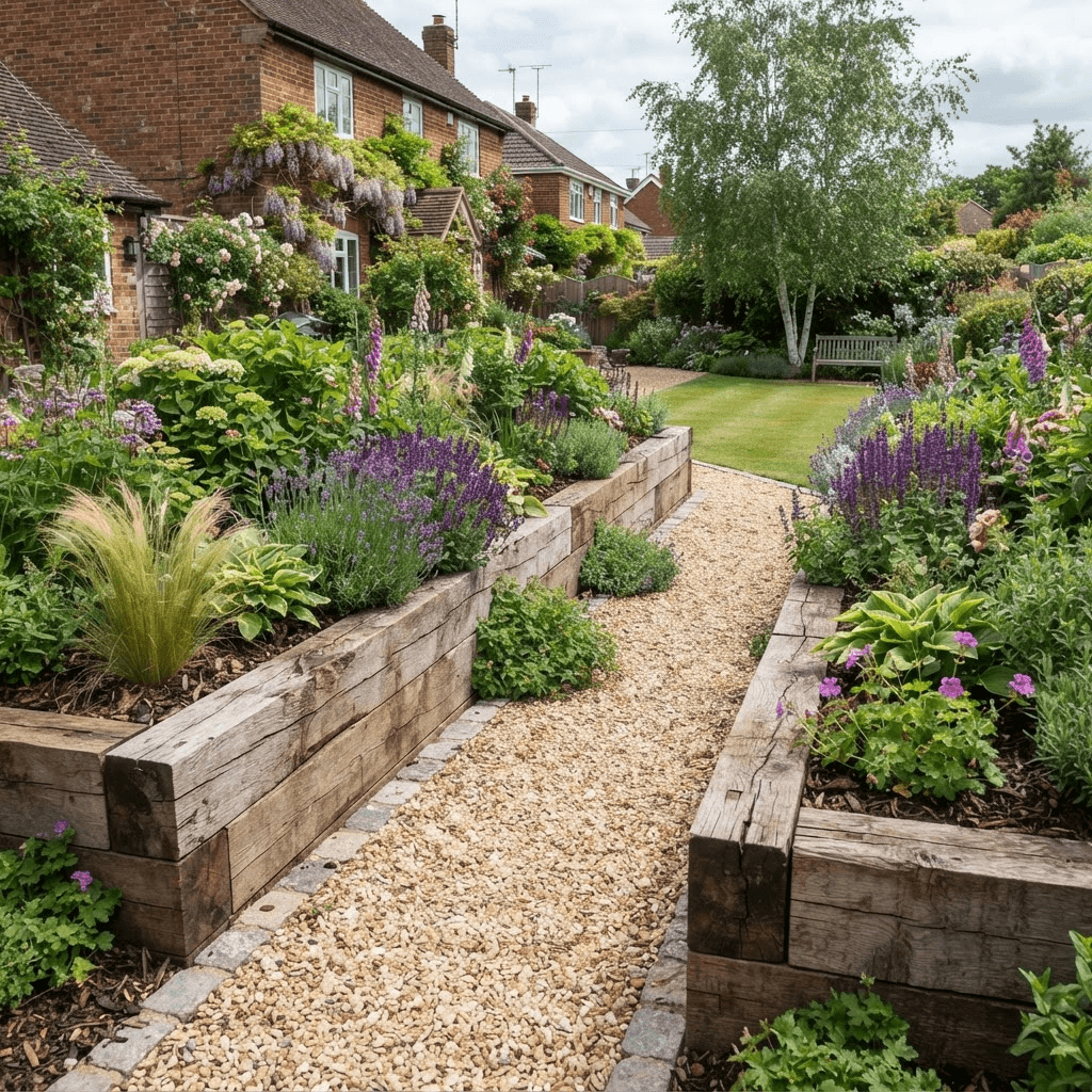 Timber railway sleeper raised planting beds with a gravel path in a landscaped garden