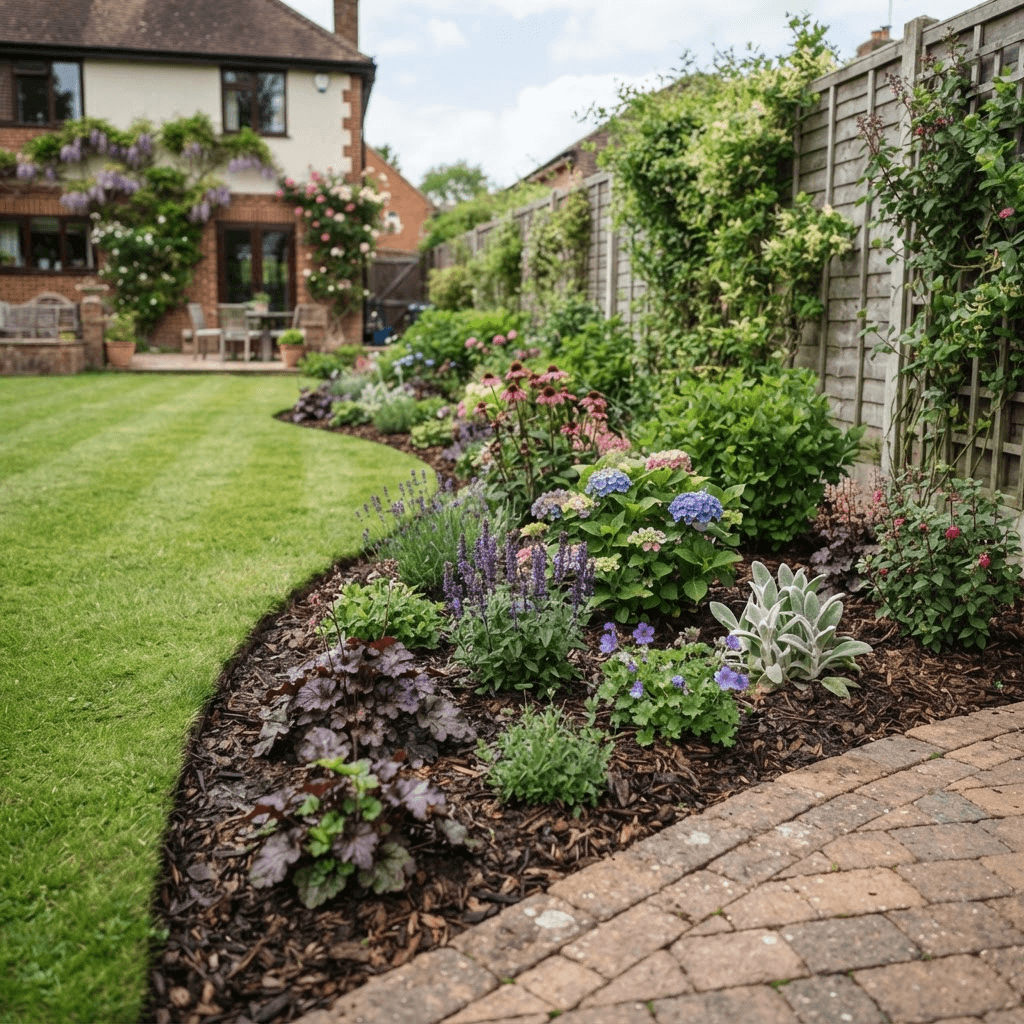 Freshly weeded and mulched spring garden borders with healthy planting