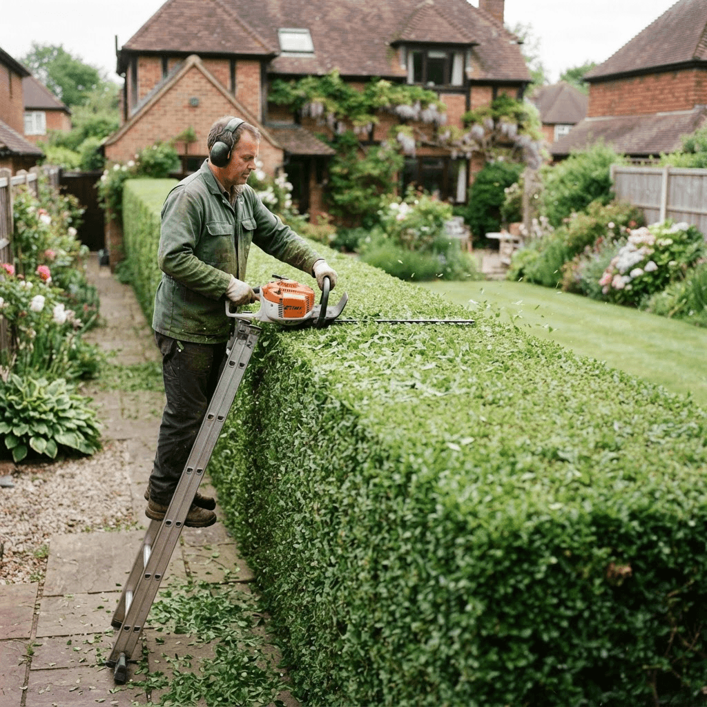 Neatly trimmed and shaped garden hedge with sharp clean lines