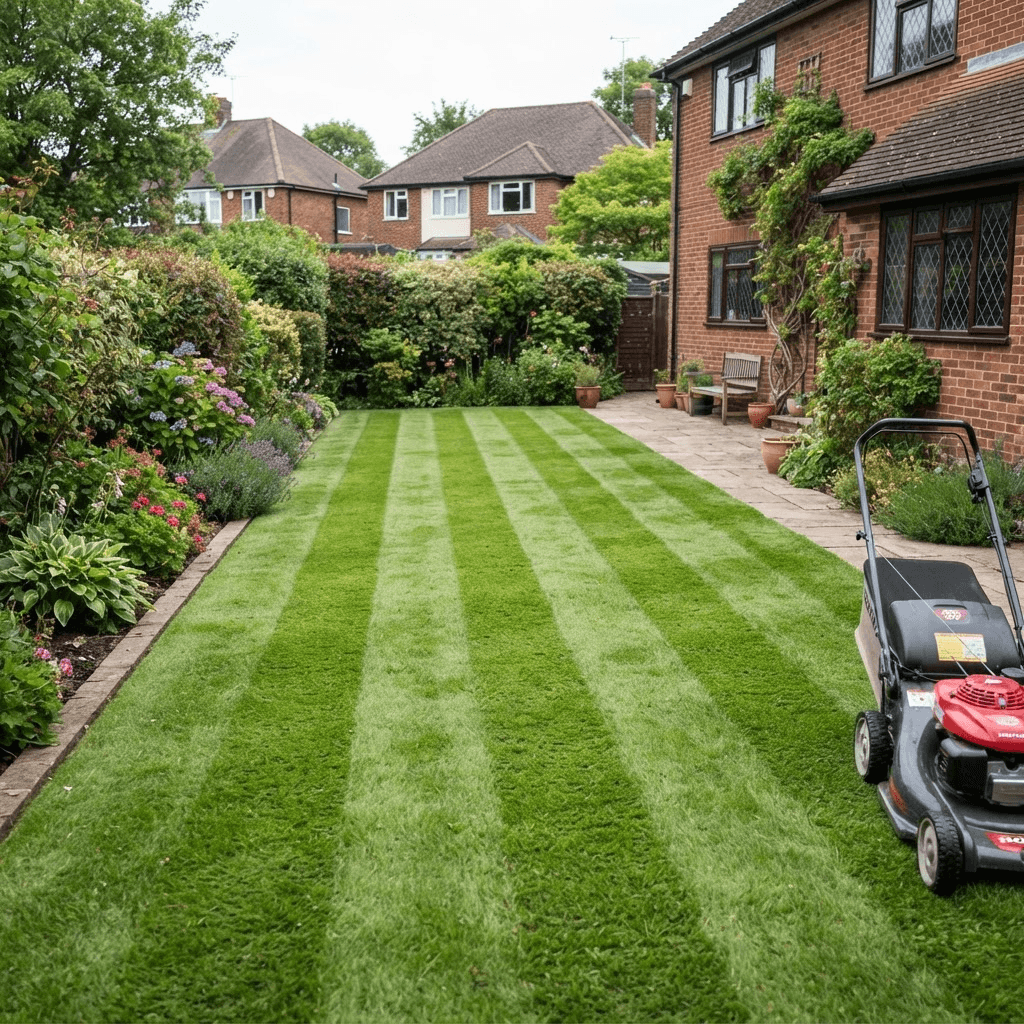 Freshly mowed UK lawn with neat green stripes and clean edges
