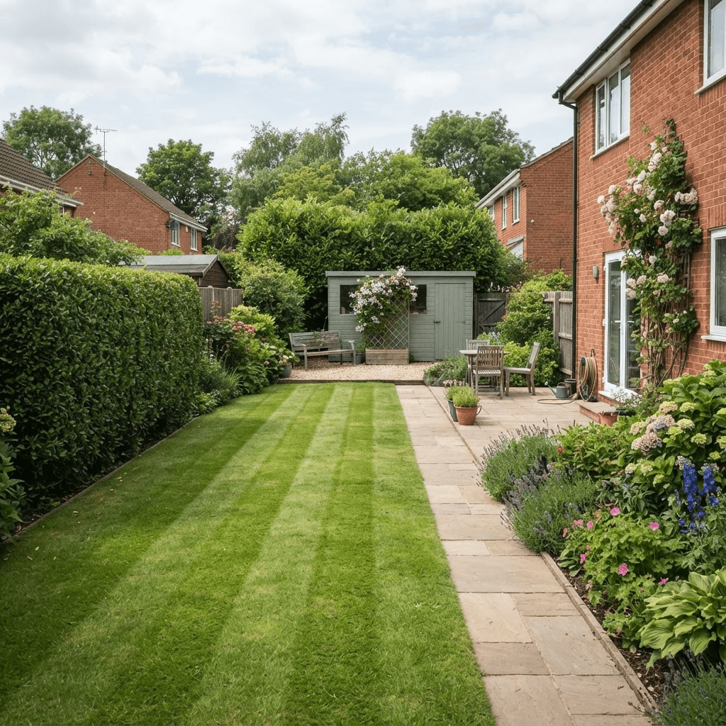 Well-maintained Buckinghamshire back garden with a striped lawn, trimmed hedges and tidy borders