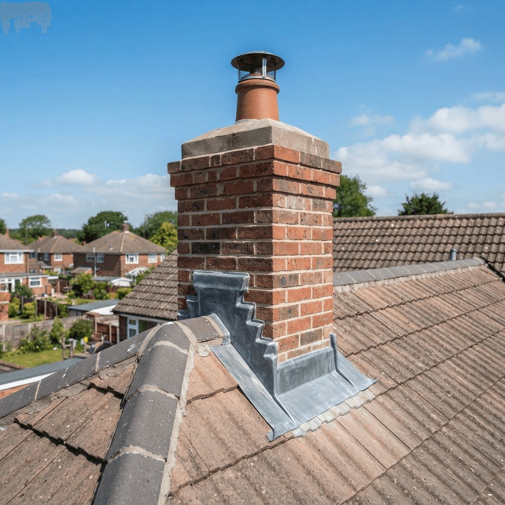Repaired brick chimney stack with fresh lead flashing and ridge tiles