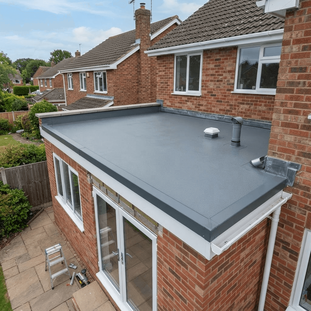 Newly installed grey GRP fibreglass flat roof on a house extension