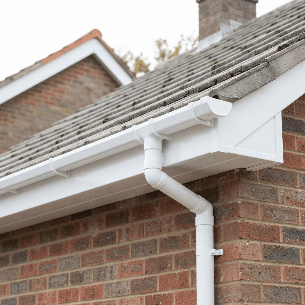 Newly fitted white uPVC guttering, fascias and soffits along a roofline