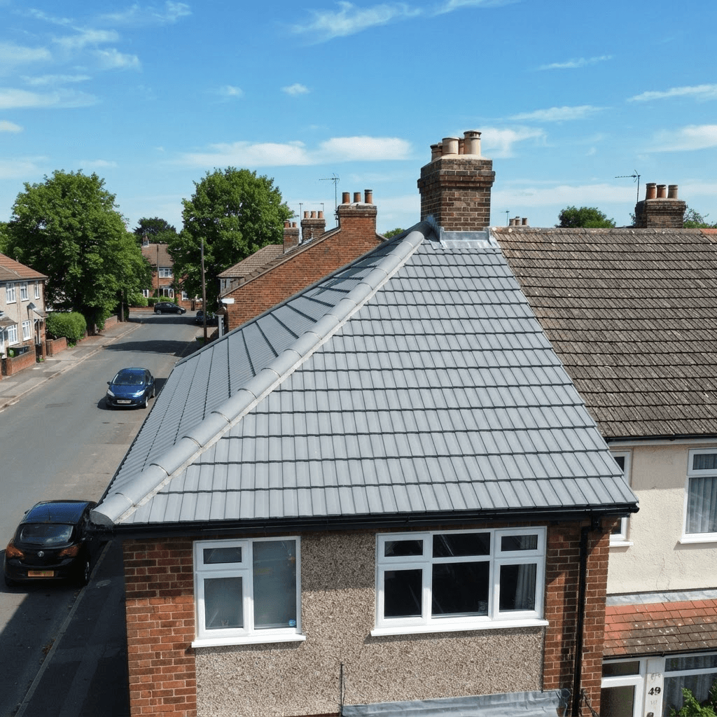 Newly completed pitched roof re-roof with grey interlocking tiles on a UK house