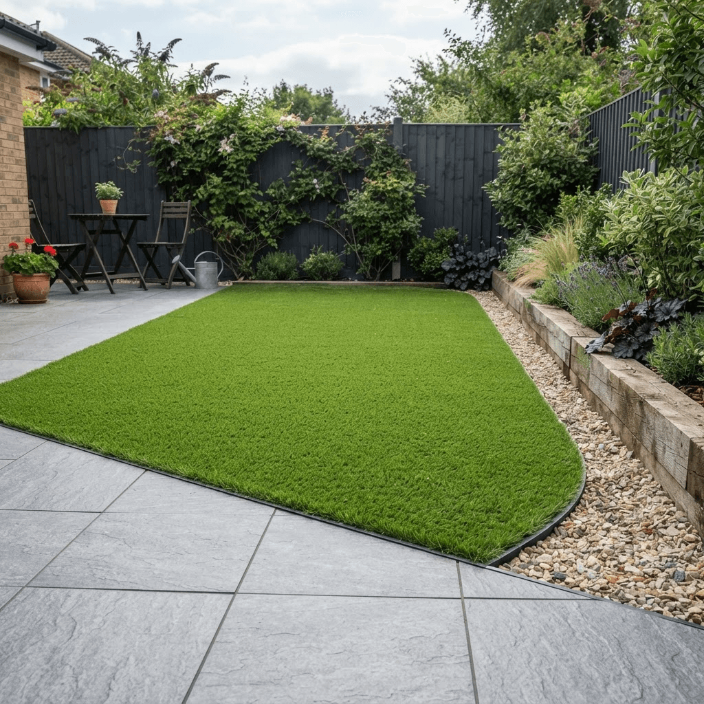 Neatly installed artificial grass lawn with clean edges next to a patio