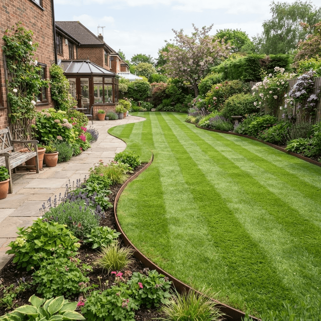 Healthy striped lawn with curved planted borders and edging