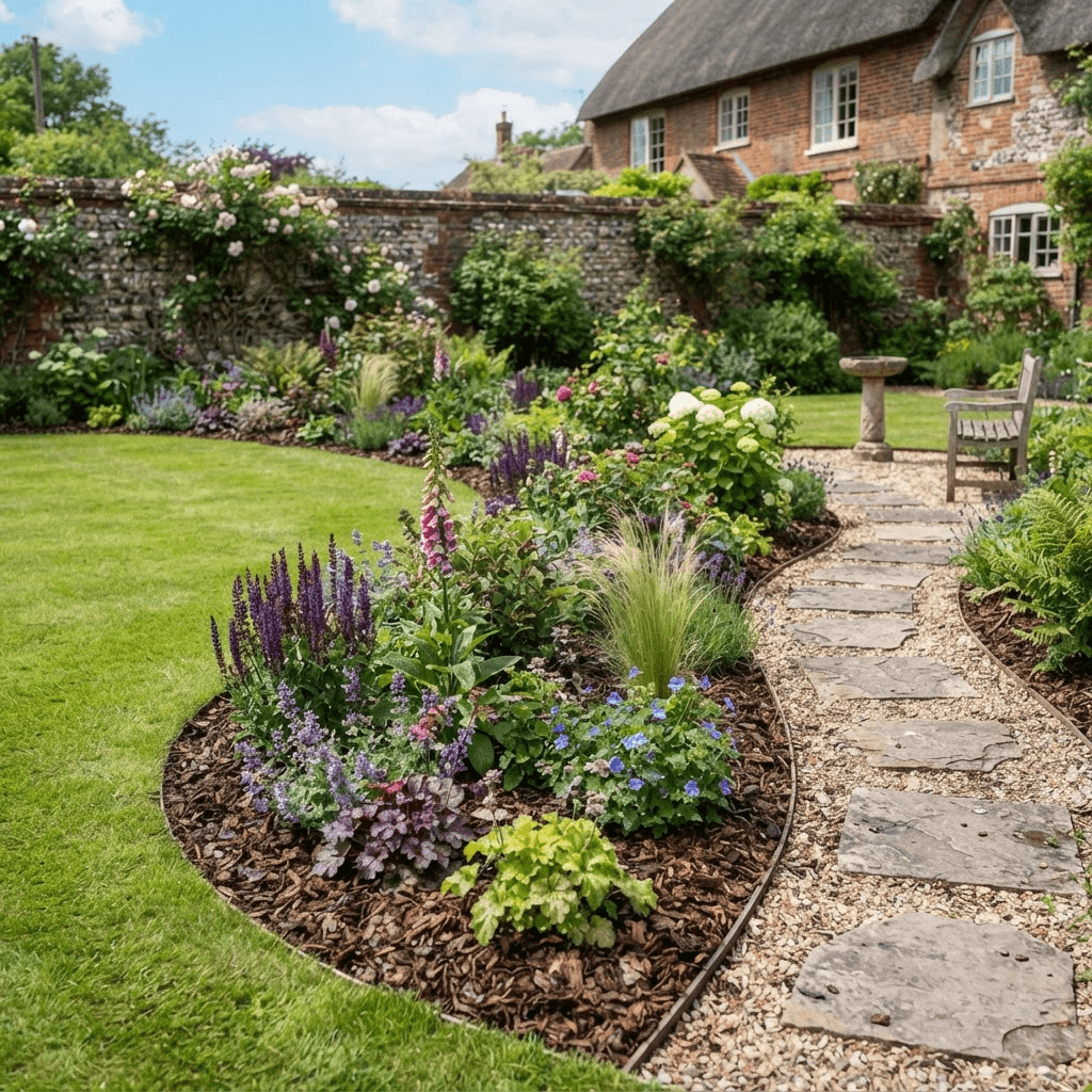 Freshly planted flower and shrub borders with bark mulch in a landscaped garden