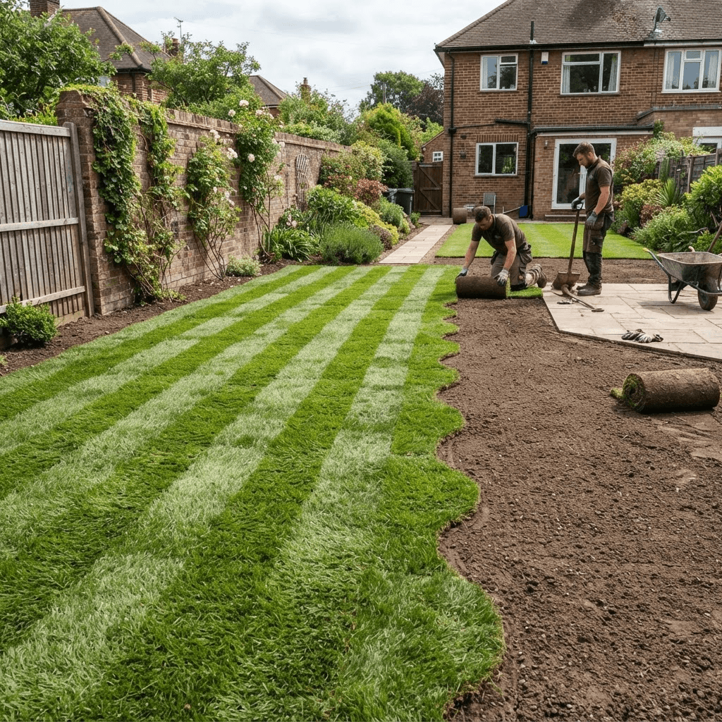 Freshly laid roll-out turf lawn with neat green stripes in a back garden