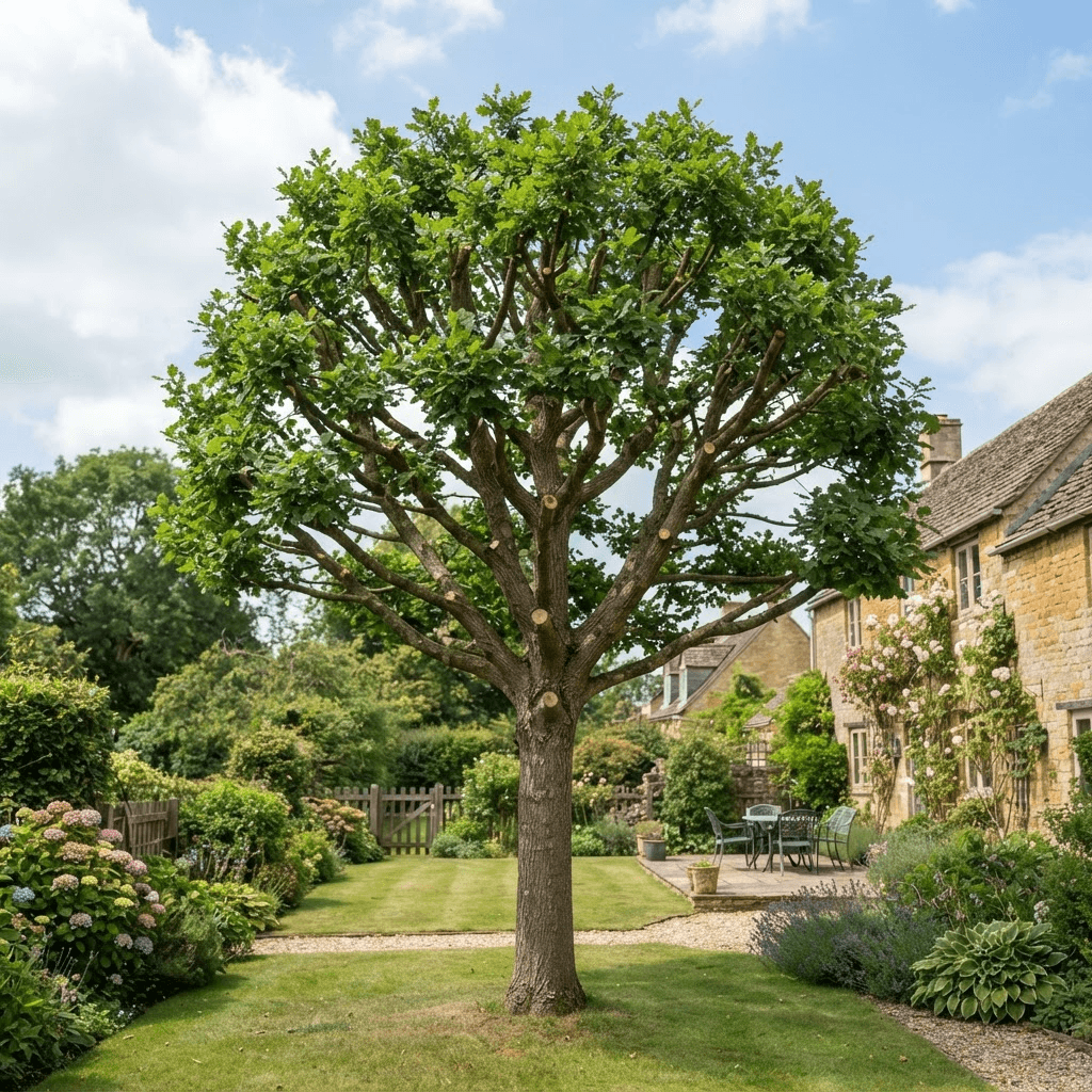 Neatly crown-reduced and pruned mature tree with a balanced canopy