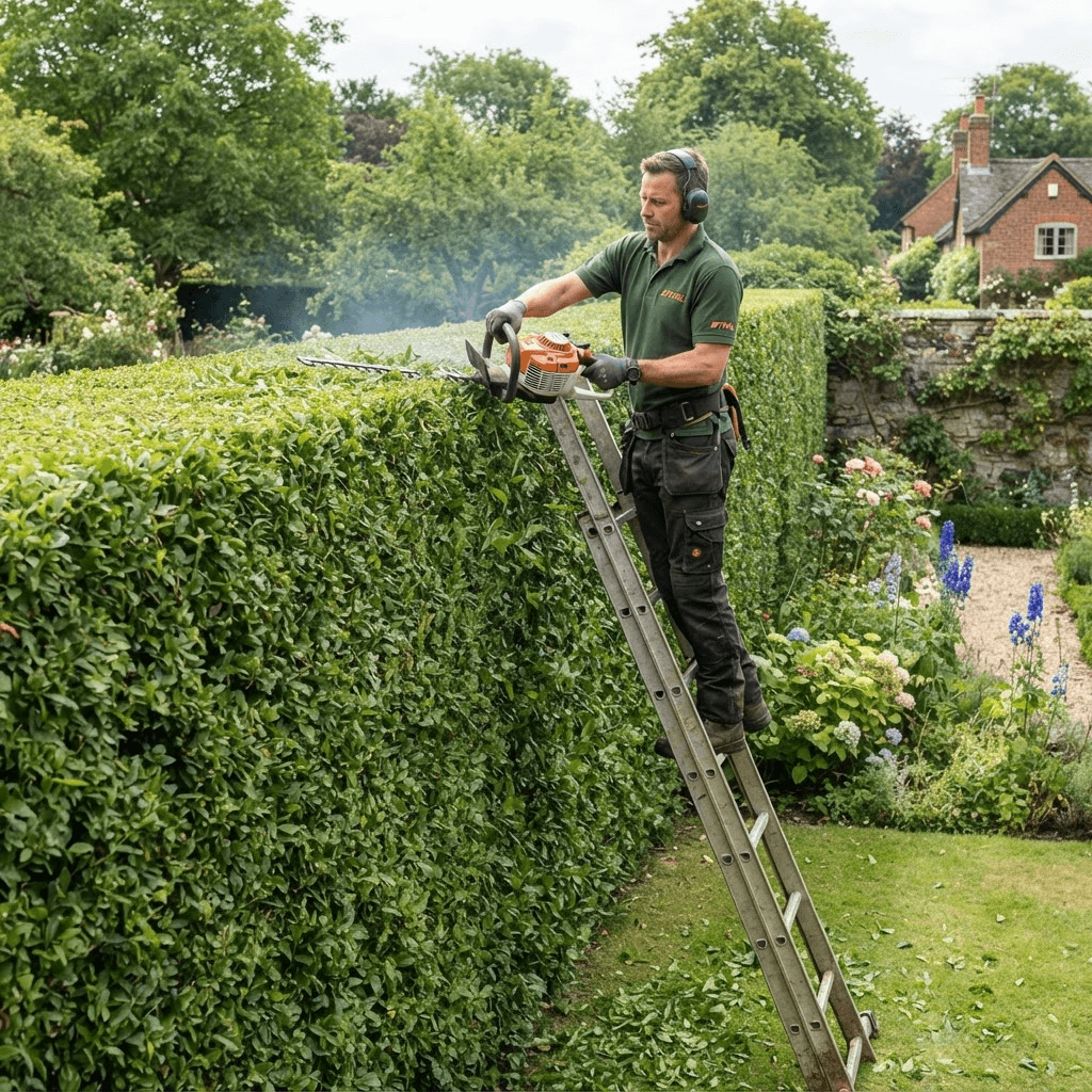 Gardener trimming a tall neat hedge with a petrol hedge trimmer