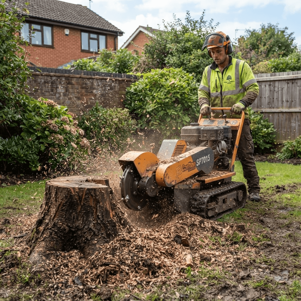 Tree stump being removed with a stump grinder machine